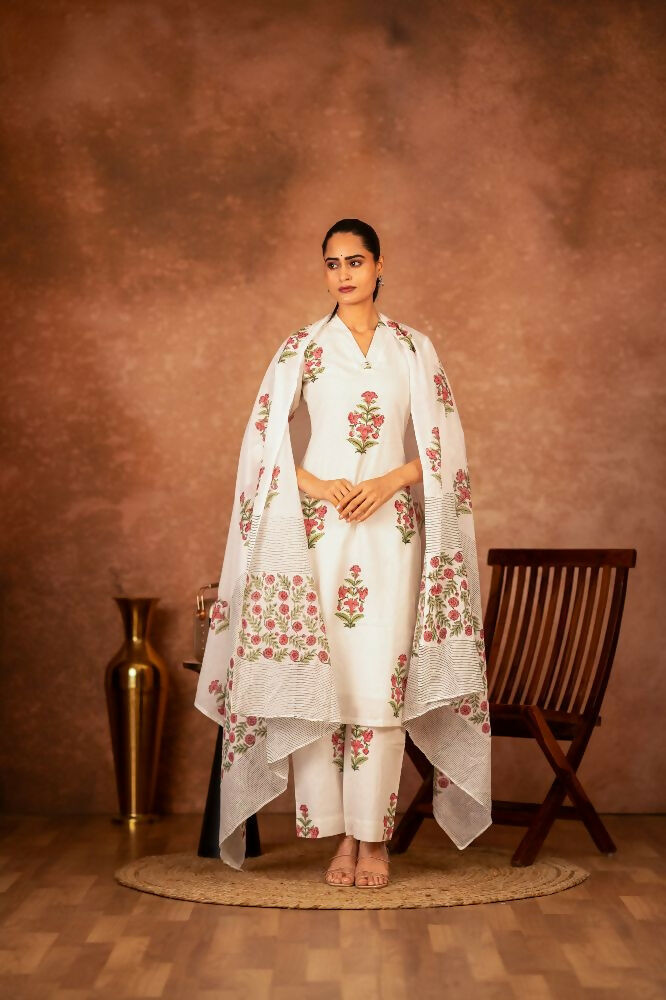 Joban Fashion Off White Pink Hand Block Printed Cotton Suit Set - Distacart