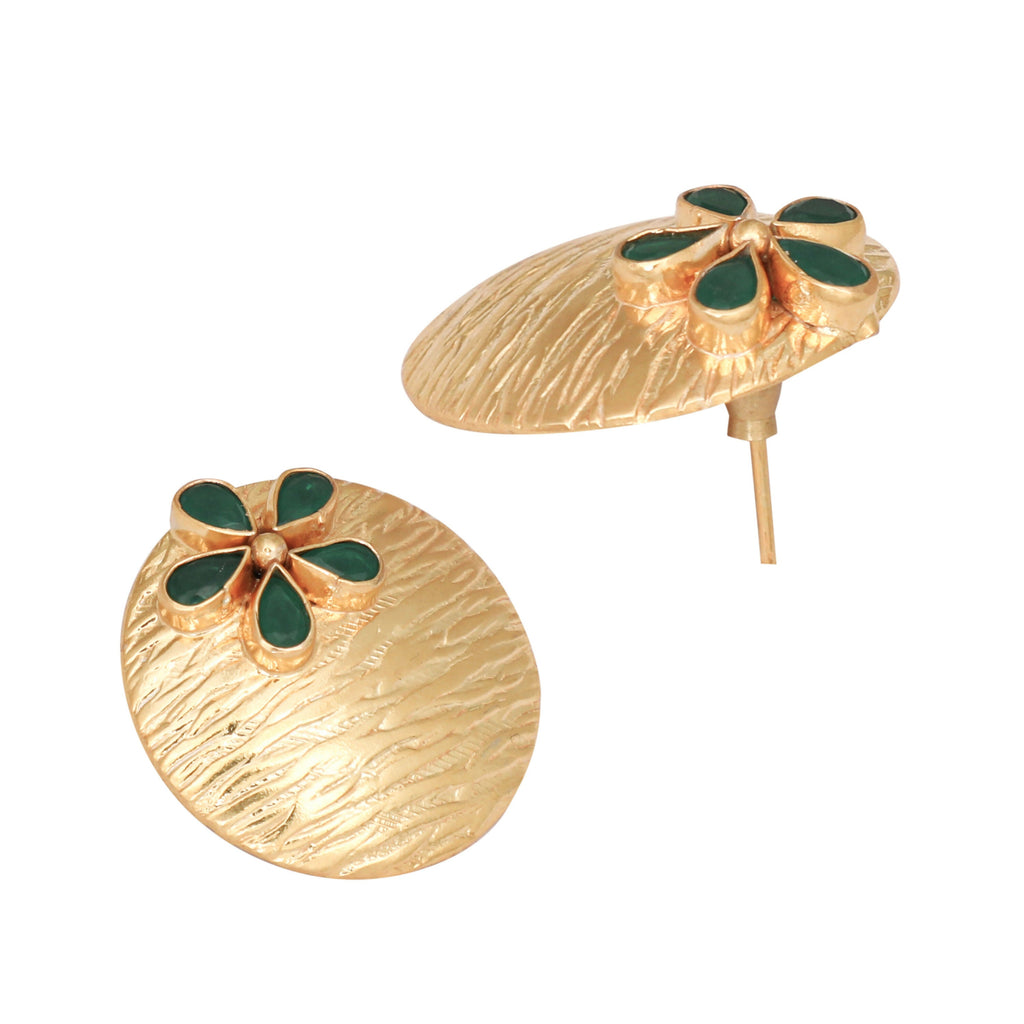 Nuyug 22K Gold-Plated Faux Emerald Stones Studded Circular Floral Shaped Motif Studs - Distacart
