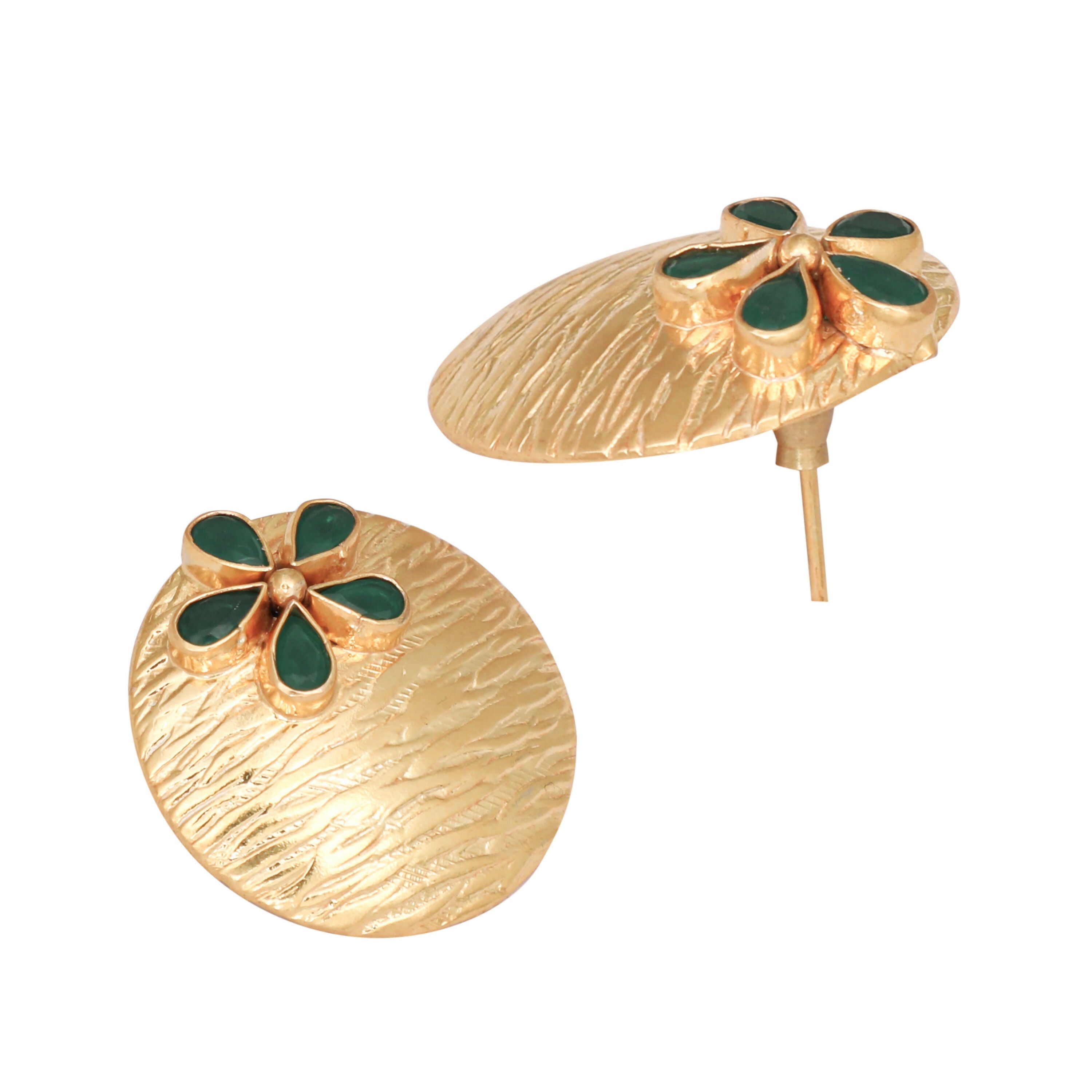 Nuyug 22K Gold-Plated Faux Emerald Stones Studded Circular Floral Shaped Motif Studs - Distacart