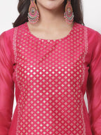 Myshka Women's Cotton Printed 3/4 Sleeve Round Neck Casual Dark Pink Kurta Pant Dupatta Set