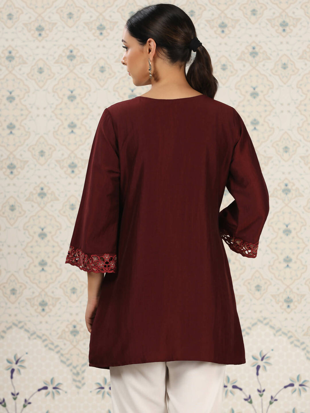 Maroon Chinon Embroidered Straight Top - Zeny