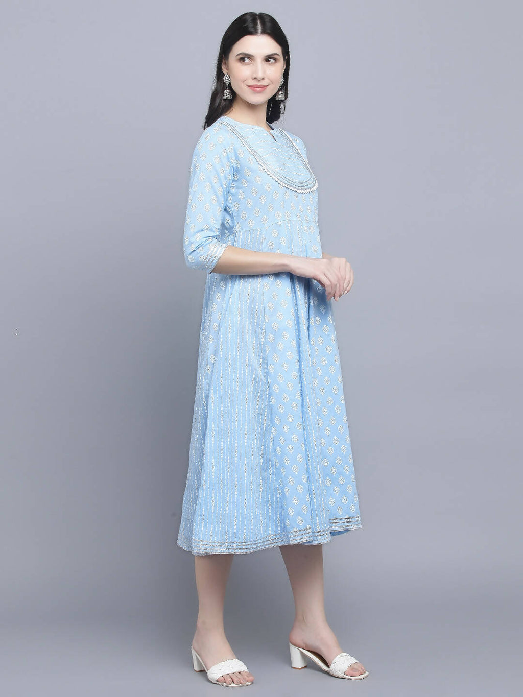 Myshka Women's Blue Ethnic Motifs Empire Midi Dress - Distacart