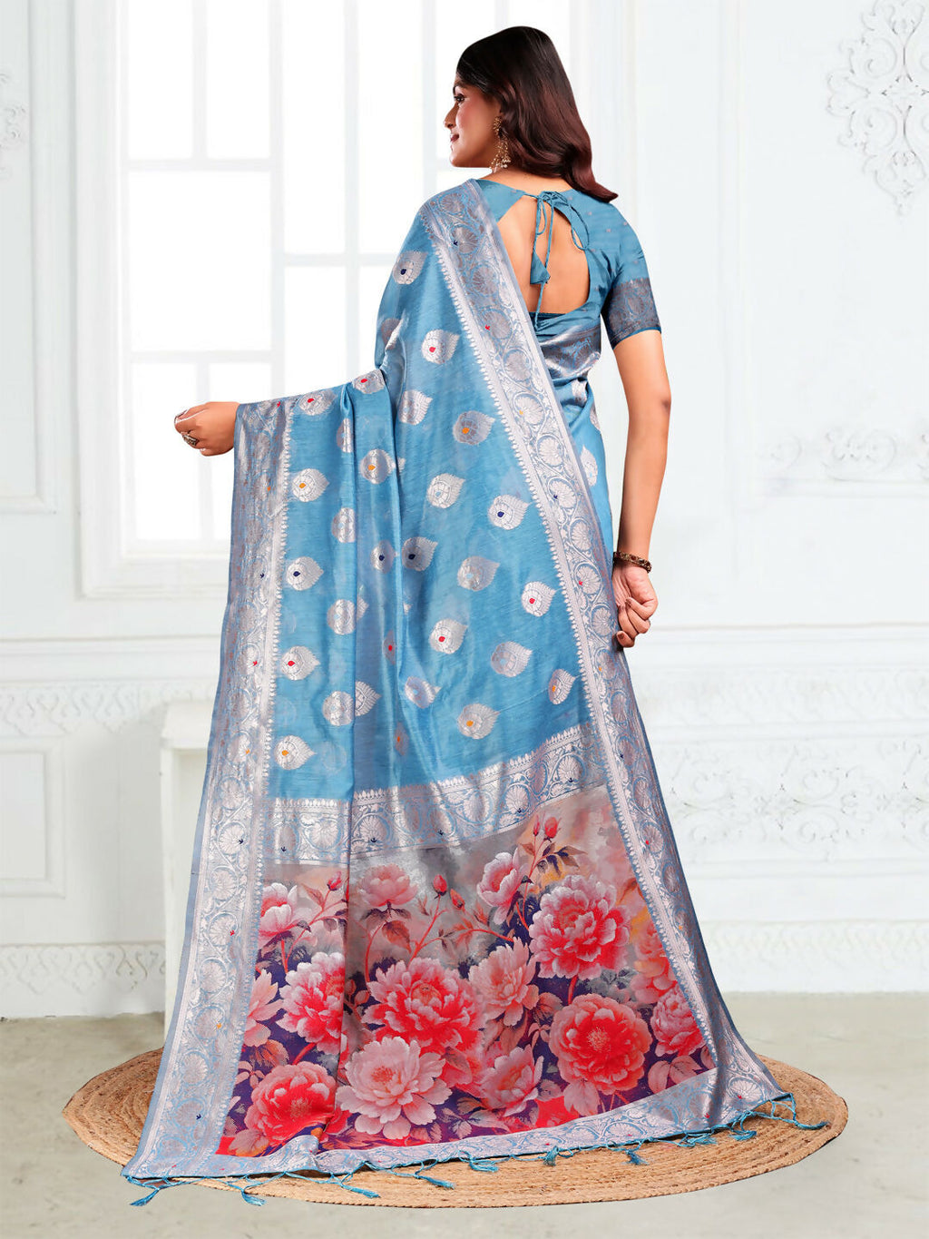 Shree Shyam Fashion Linen Cotton Sky Blue Saree - Distacart