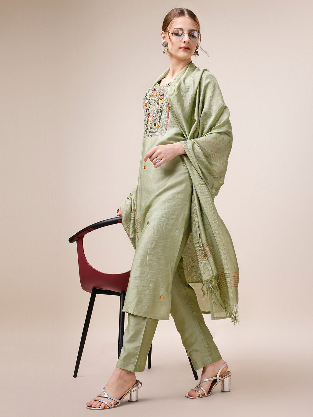 Embroidered Kurta With Pant And Dupatta Set, Multicolor - Hiral Fashion - Distacart