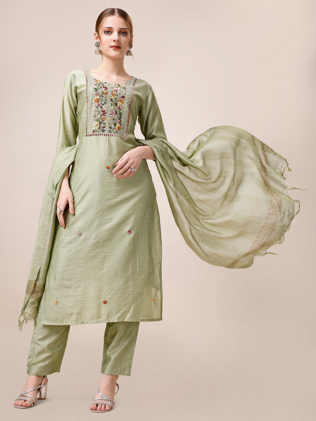 Embroidered Kurta With Pant And Dupatta Set, Multicolor - Hiral Fashion - Distacart