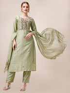 Embroidered Kurta With Pant And Dupatta Set, Multicolor - Hiral Fashion - Distacart