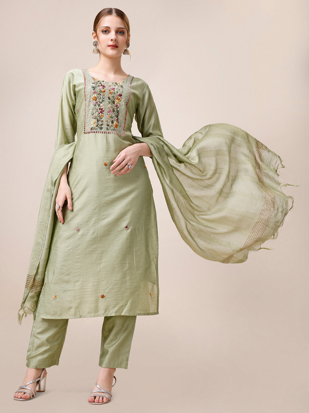 Embroidered Kurta With Pant And Dupatta Set, Multicolor - Hiral Fashion - Distacart