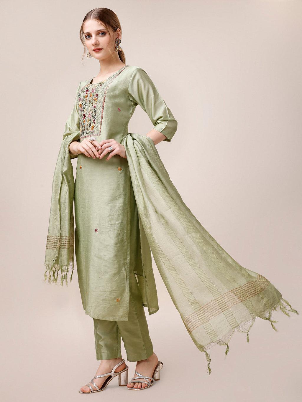 Embroidered Kurta With Pant And Dupatta Set, Multicolor - Hiral Fashion - Distacart