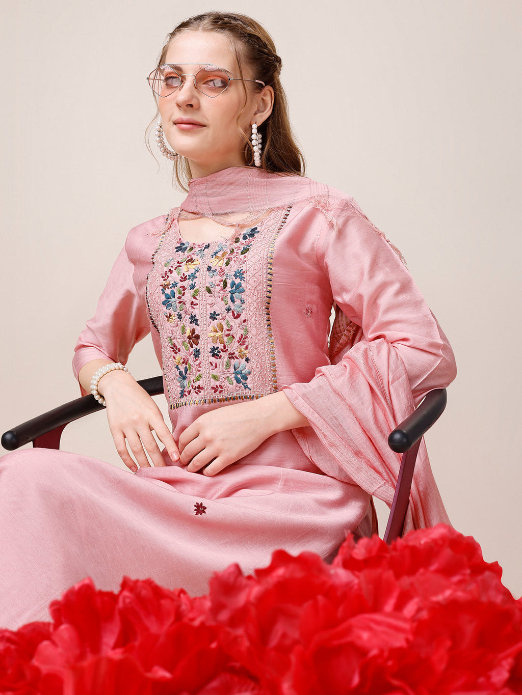 Embroidered Kurta With Pant And Dupatta Set, Multicolor - Hiral Fashion - Distacart