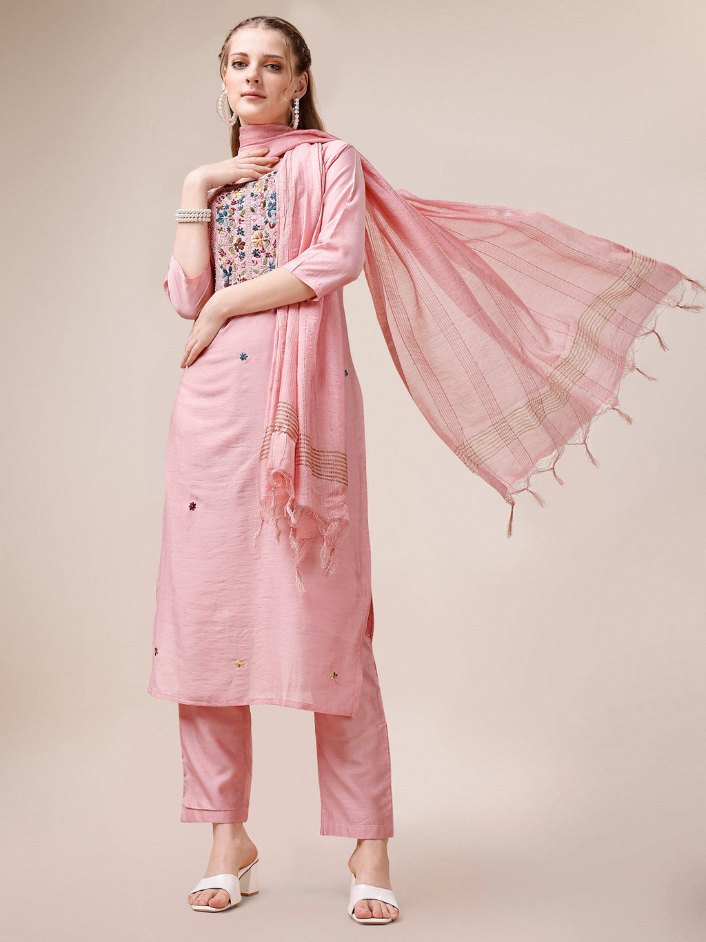 Embroidered Kurta With Pant And Dupatta Set, Multicolor - Hiral Fashion - Distacart