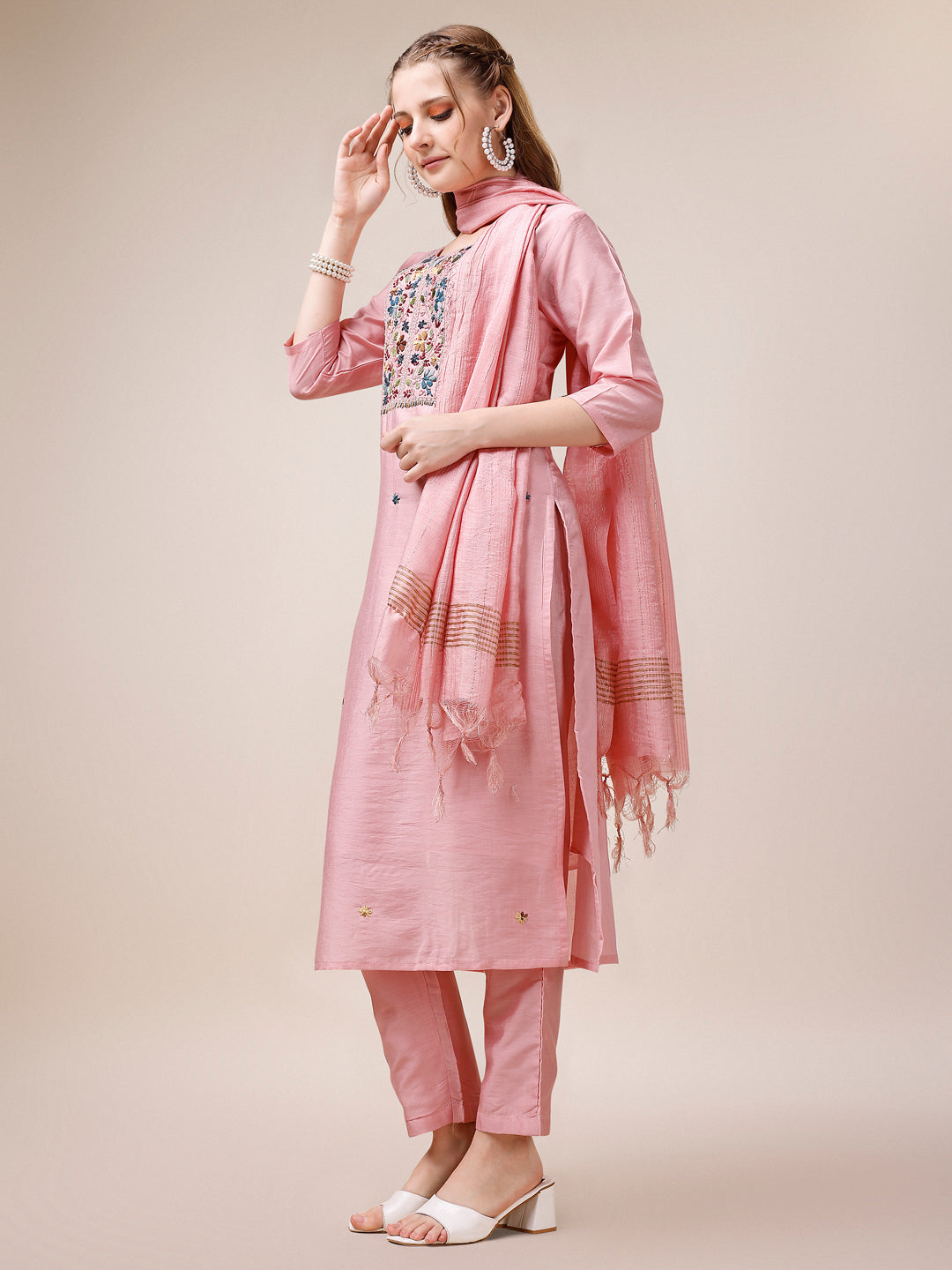 Embroidered Kurta With Pant And Dupatta Set, Multicolor - Hiral Fashion - Distacart