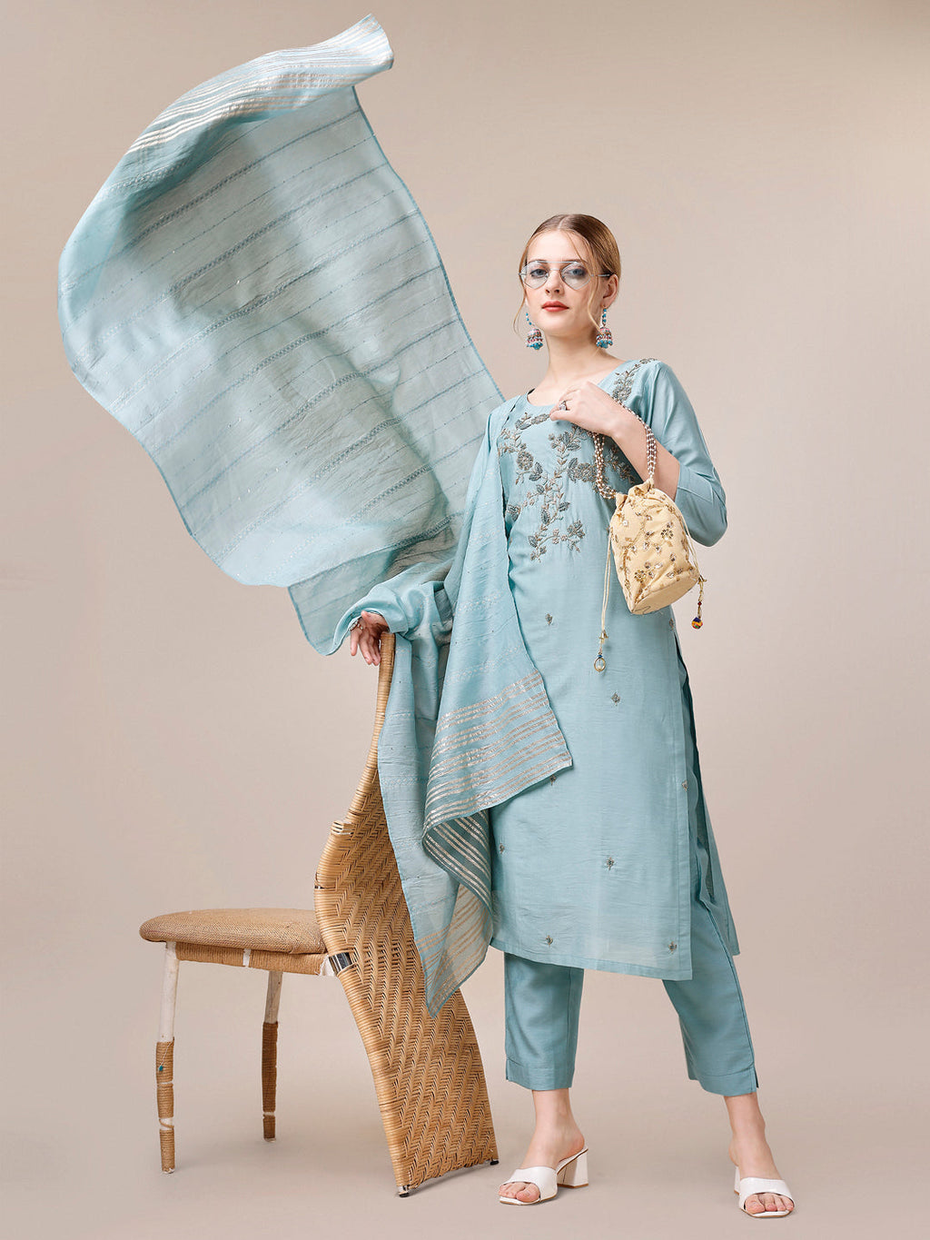 Hand Embroidered Kurta With Pant And Dupatta Set, Multicolor - Hiral Fashion - Distacart