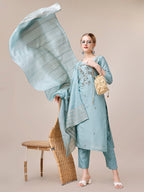 Hand Embroidered Kurta With Pant And Dupatta Set, Multicolor - Hiral Fashion - Distacart