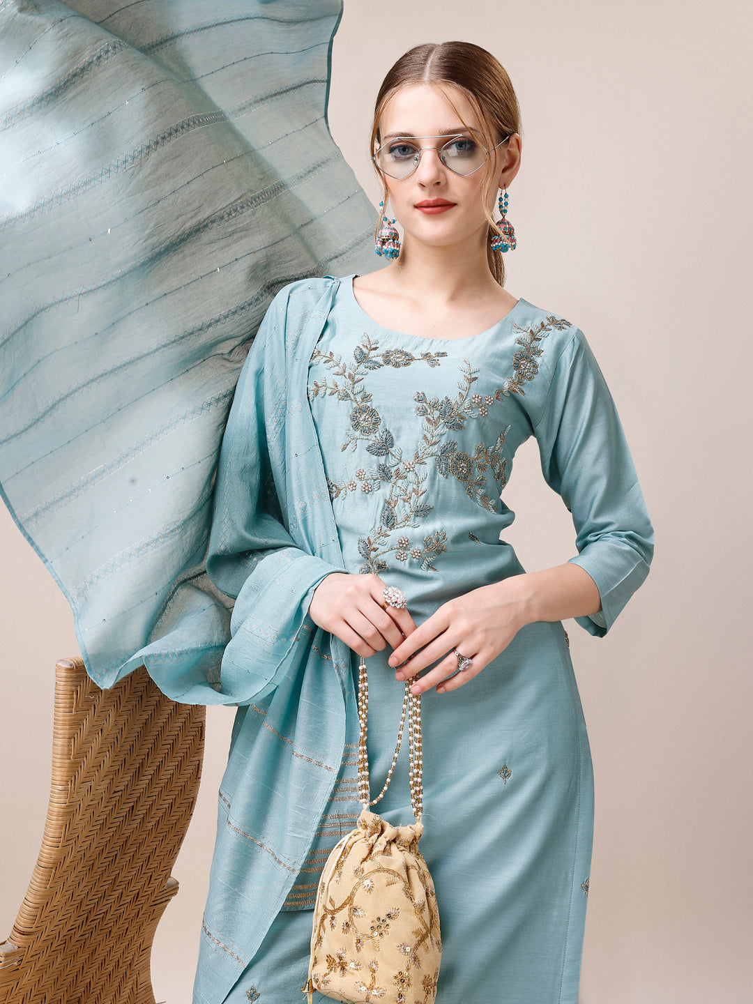 Hand Embroidered Kurta With Pant And Dupatta Set, Multicolor - Hiral Fashion - Distacart