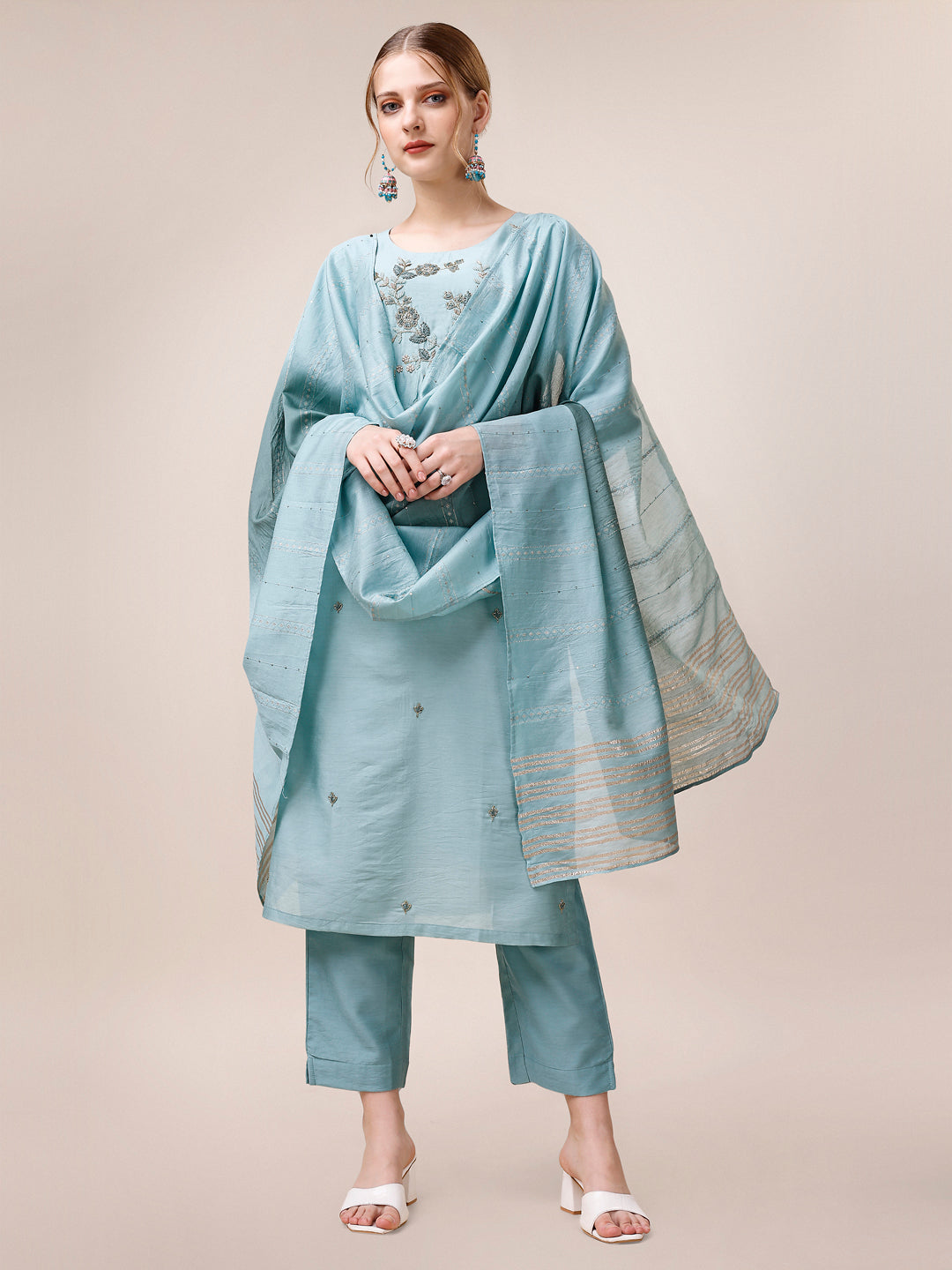 Hand Embroidered Kurta With Pant And Dupatta Set, Multicolor - Hiral Fashion - Distacart