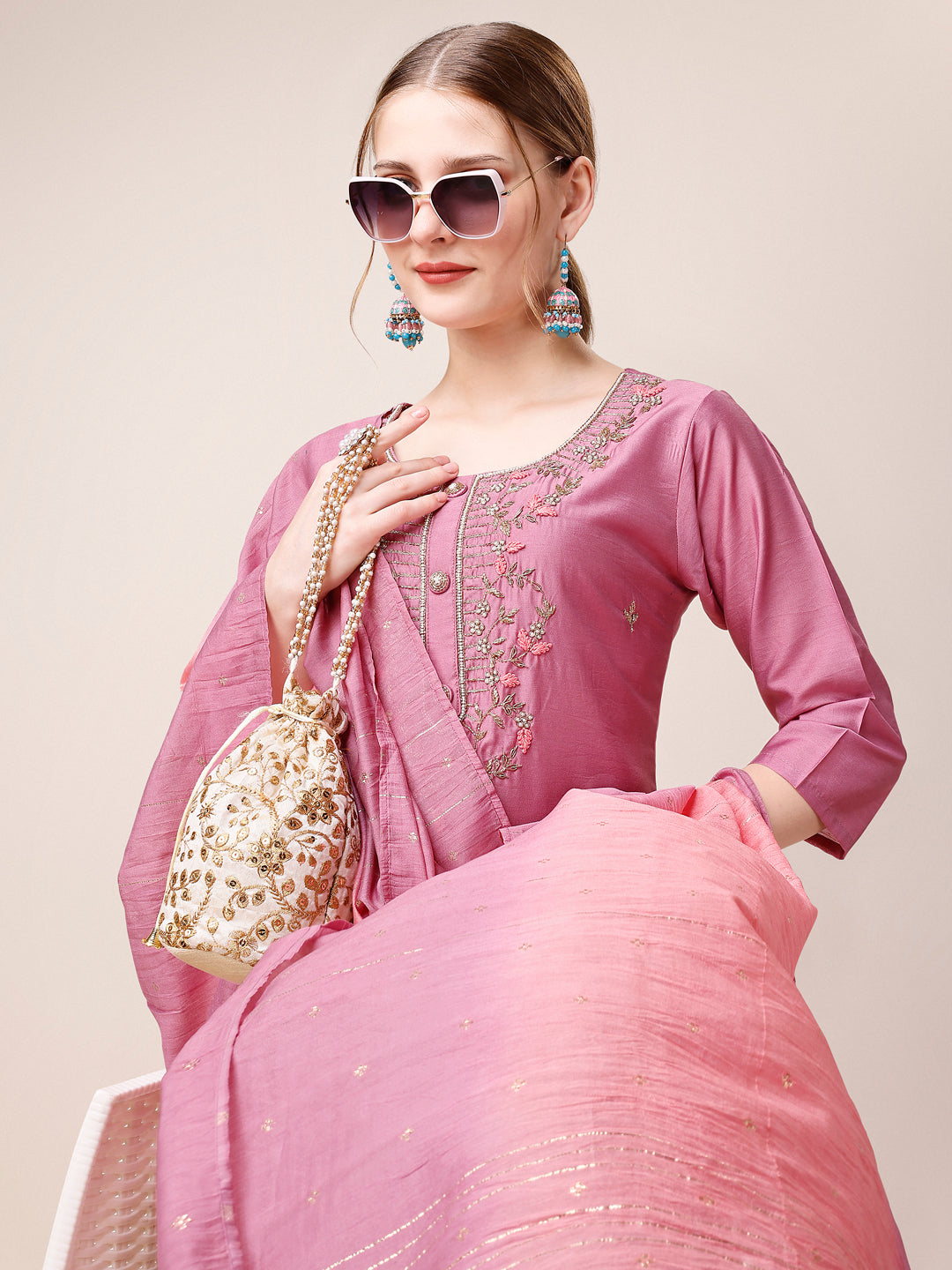 Hand Embroidered Kurta With Pant And Dupatta Set, Multicolor - Hiral Fashion - Distacart