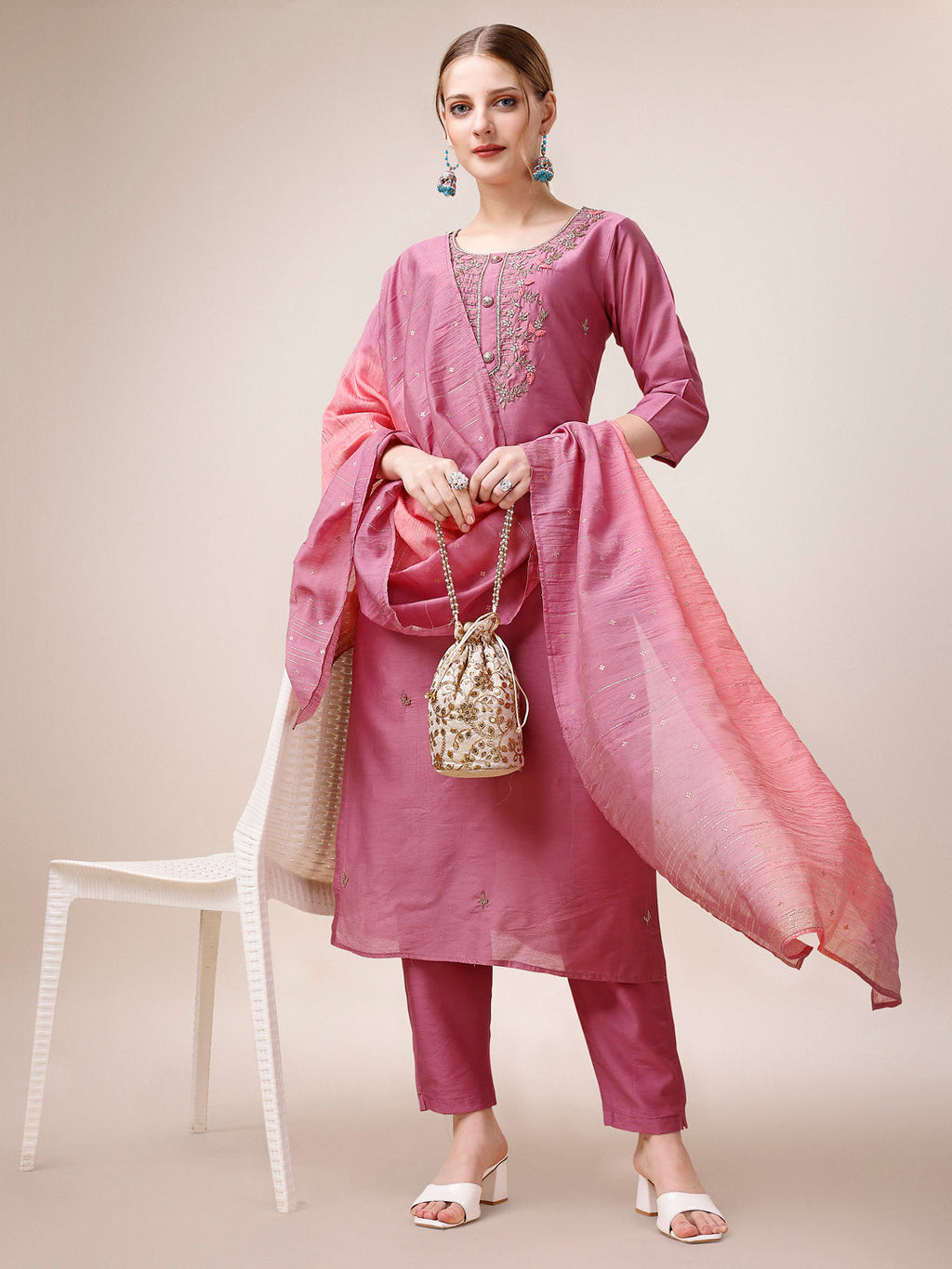 Hand Embroidered Kurta With Pant And Dupatta Set, Multicolor - Hiral Fashion - Distacart