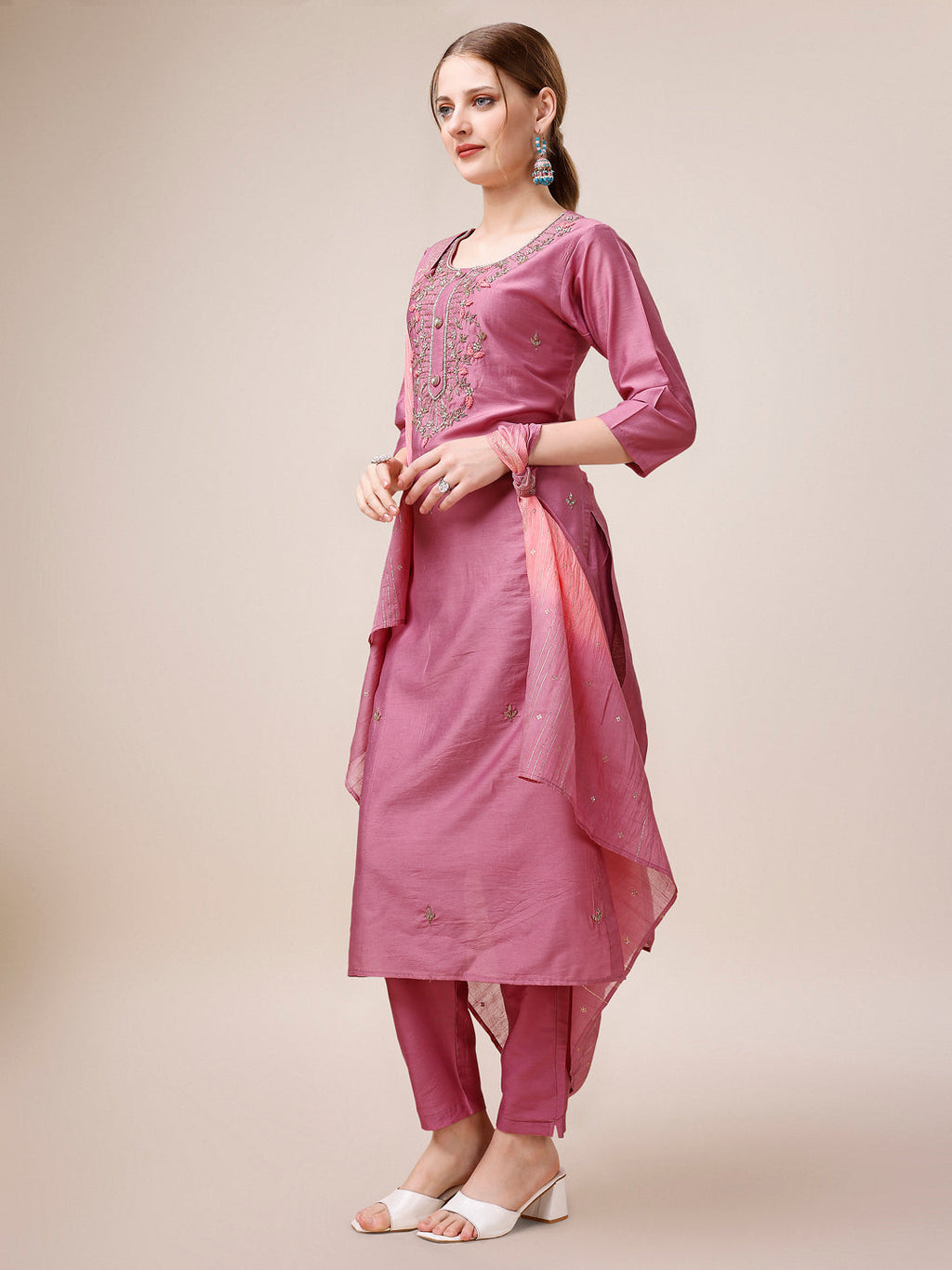 Hand Embroidered Kurta With Pant And Dupatta Set, Multicolor - Hiral Fashion - Distacart