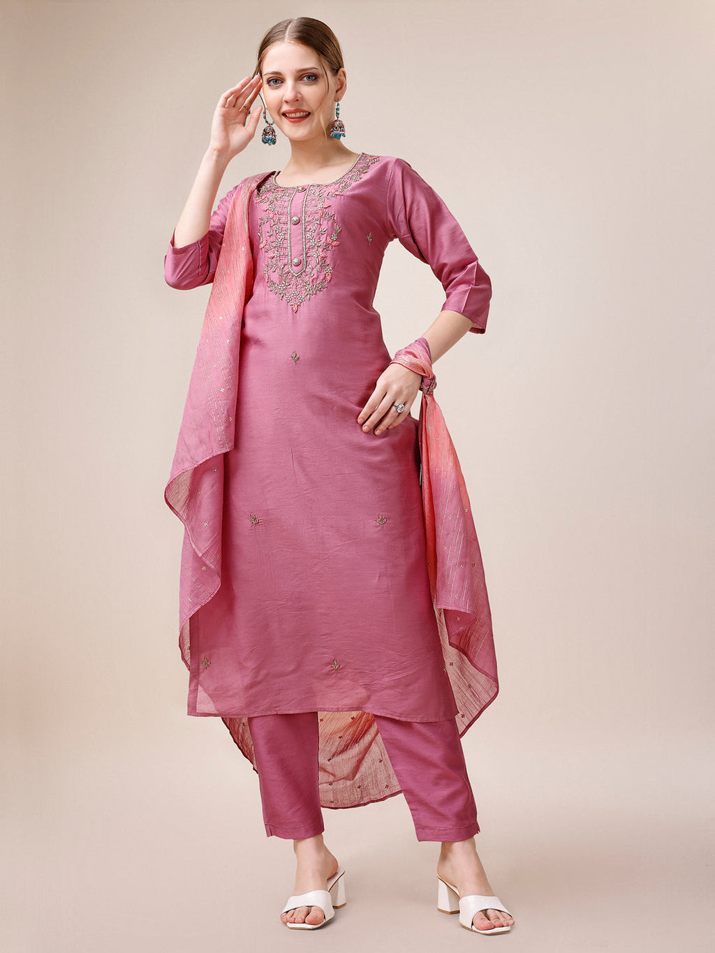 Hand Embroidered Kurta With Pant And Dupatta Set, Multicolor - Hiral Fashion - Distacart