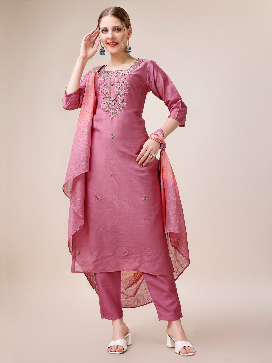 Hand Embroidered Kurta With Pant And Dupatta Set, Multicolor - Hiral Fashion - Distacart