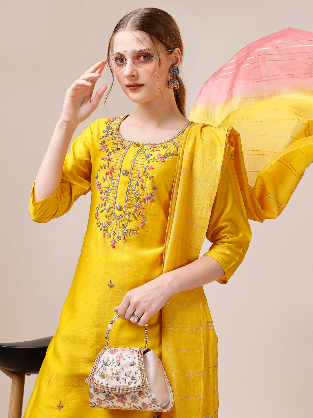 Hand Embroidered Kurta With Pant And Dupatta Set, Multicolor - Hiral Fashion - Distacart