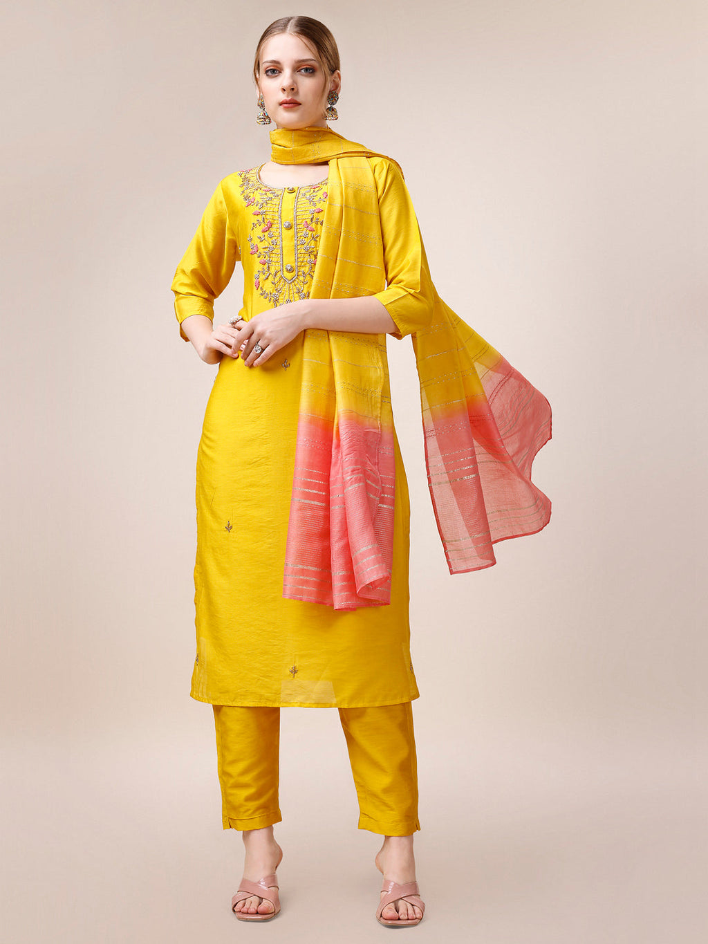 Hand Embroidered Kurta With Pant And Dupatta Set, Multicolor - Hiral Fashion - Distacart