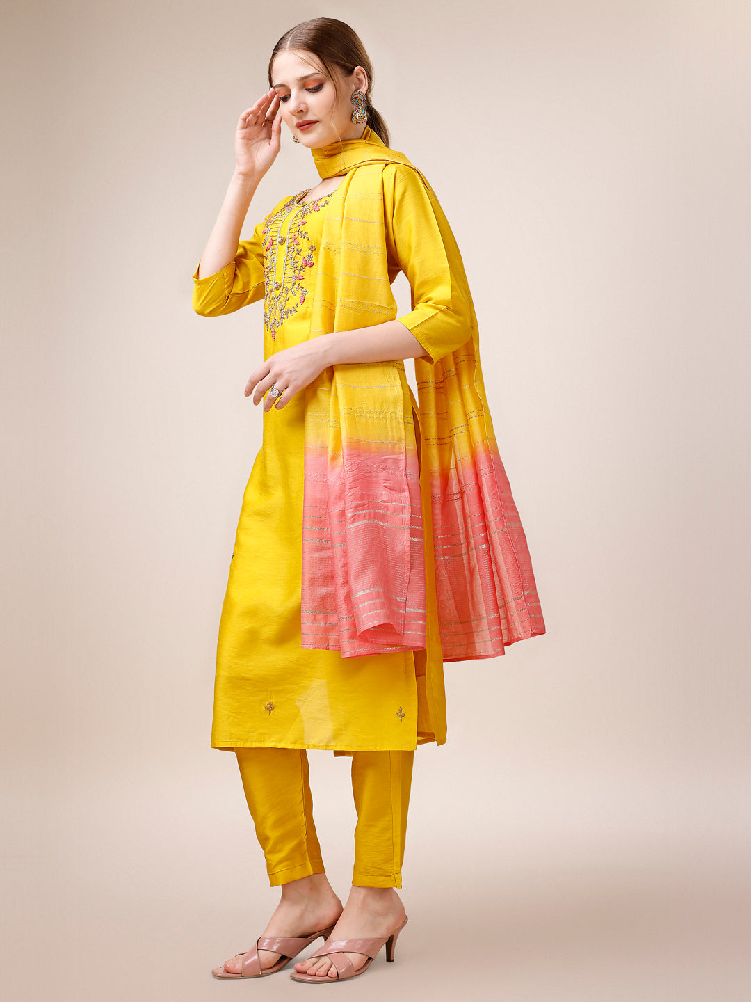 Hand Embroidered Kurta With Pant And Dupatta Set, Multicolor - Hiral Fashion - Distacart