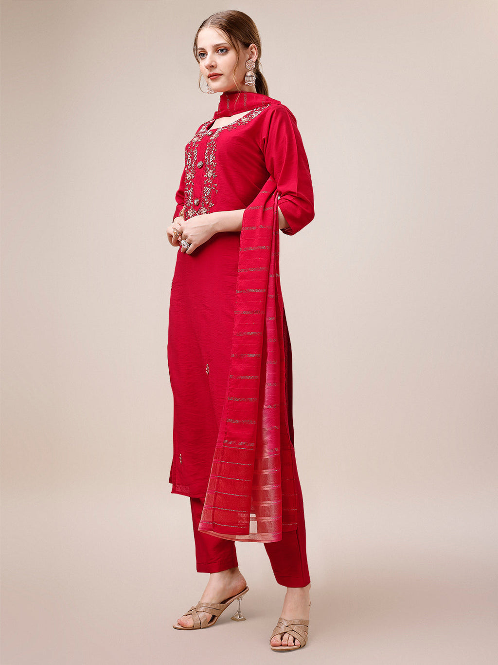 Hand Embroidered Kurta With Pant And Dupatta Set, Multicolor - Hiral Fashion - Distacart