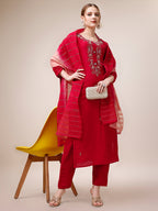 Hand Embroidered Kurta With Pant And Dupatta Set, Multicolor - Hiral Fashion - Distacart