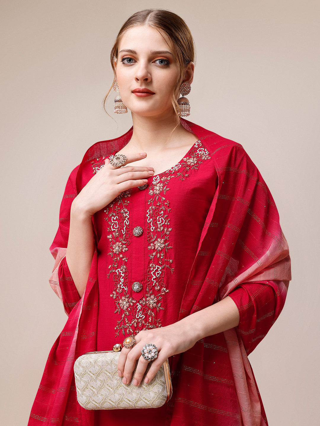 Hand Embroidered Kurta With Pant And Dupatta Set, Multicolor - Hiral Fashion - Distacart