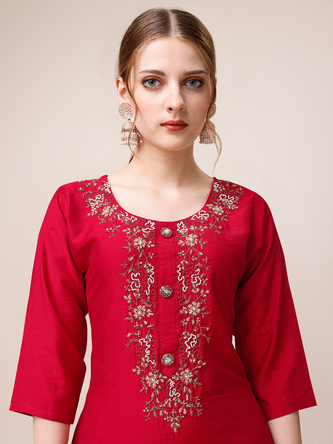 Hand Embroidered Kurta With Pant And Dupatta Set, Multicolor - Hiral Fashion - Distacart