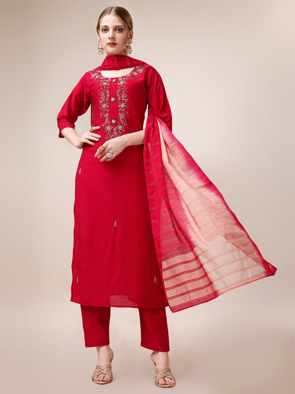 Hand Embroidered Kurta With Pant And Dupatta Set, Multicolor - Hiral Fashion - Distacart