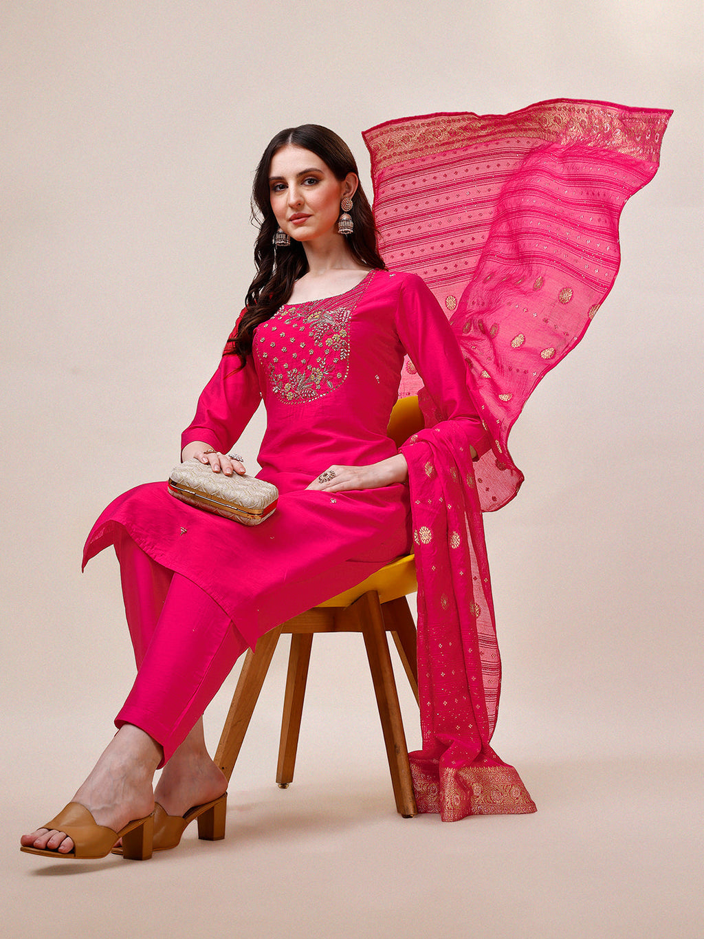 Pink Chanderi Embroidered Kurta With Pant & Dupatta Set., Multicolor - Hiral Fashion - Distacart