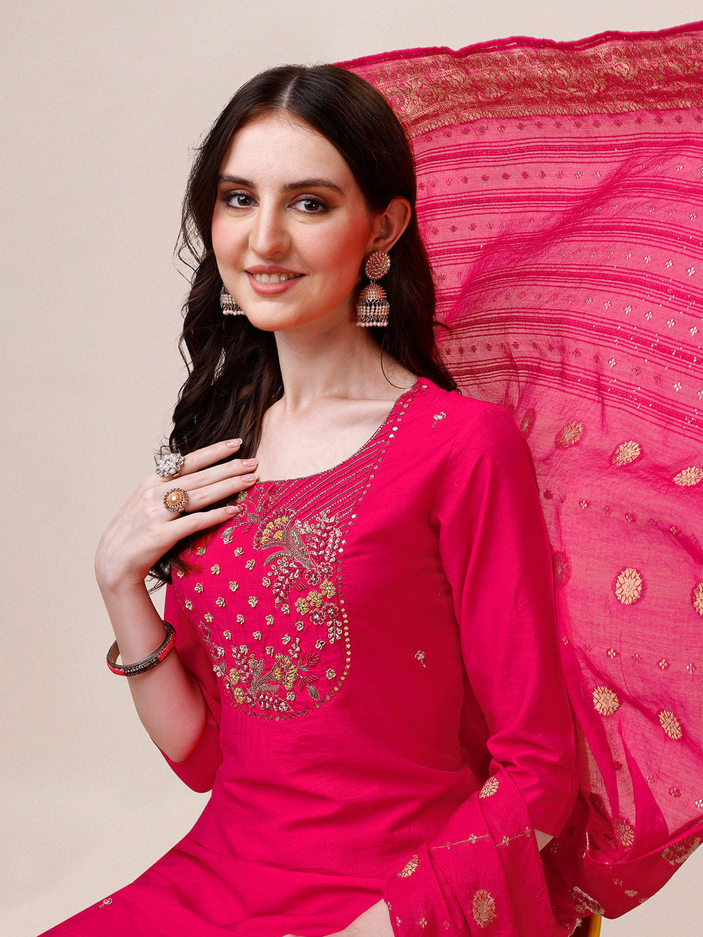 Pink Chanderi Embroidered Kurta With Pant & Dupatta Set., Multicolor - Hiral Fashion - Distacart
