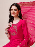 Pink Chanderi Embroidered Kurta With Pant & Dupatta Set., Multicolor - Hiral Fashion - Distacart