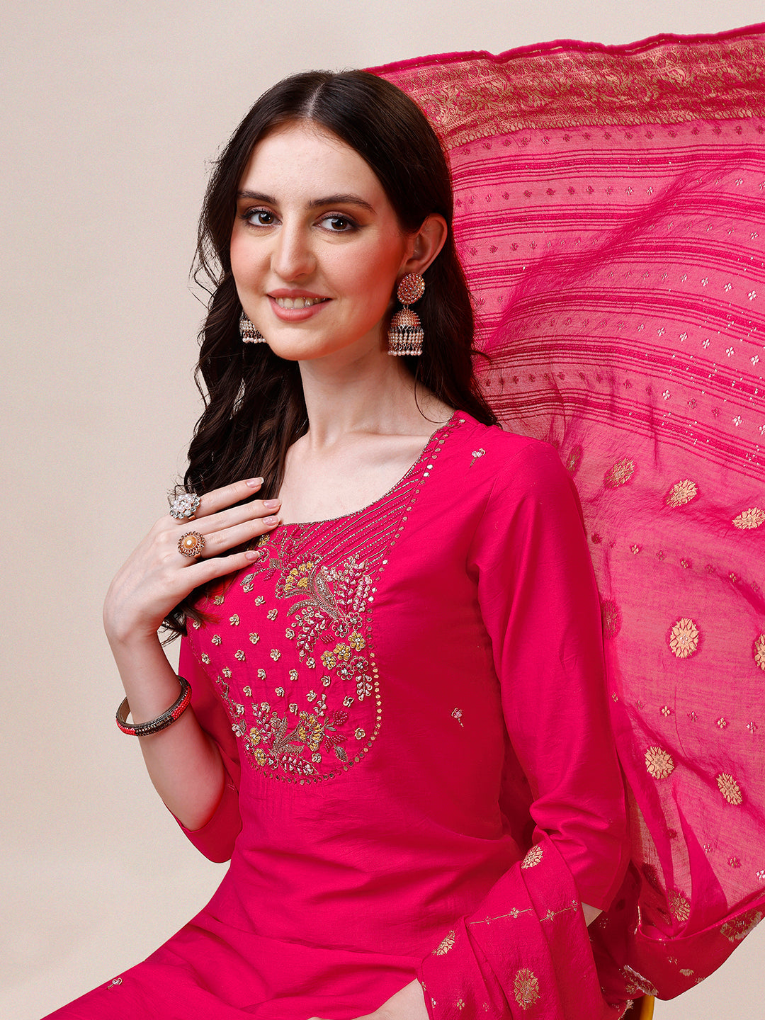 Pink Chanderi Embroidered Kurta With Pant & Dupatta Set., Multicolor - Hiral Fashion - Distacart