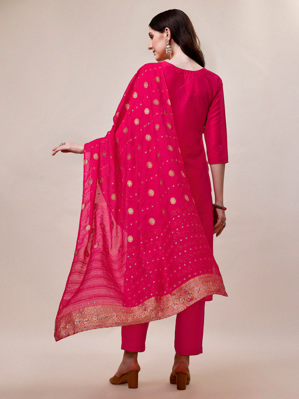 Pink Chanderi Embroidered Kurta With Pant & Dupatta Set., Multicolor - Hiral Fashion - Distacart