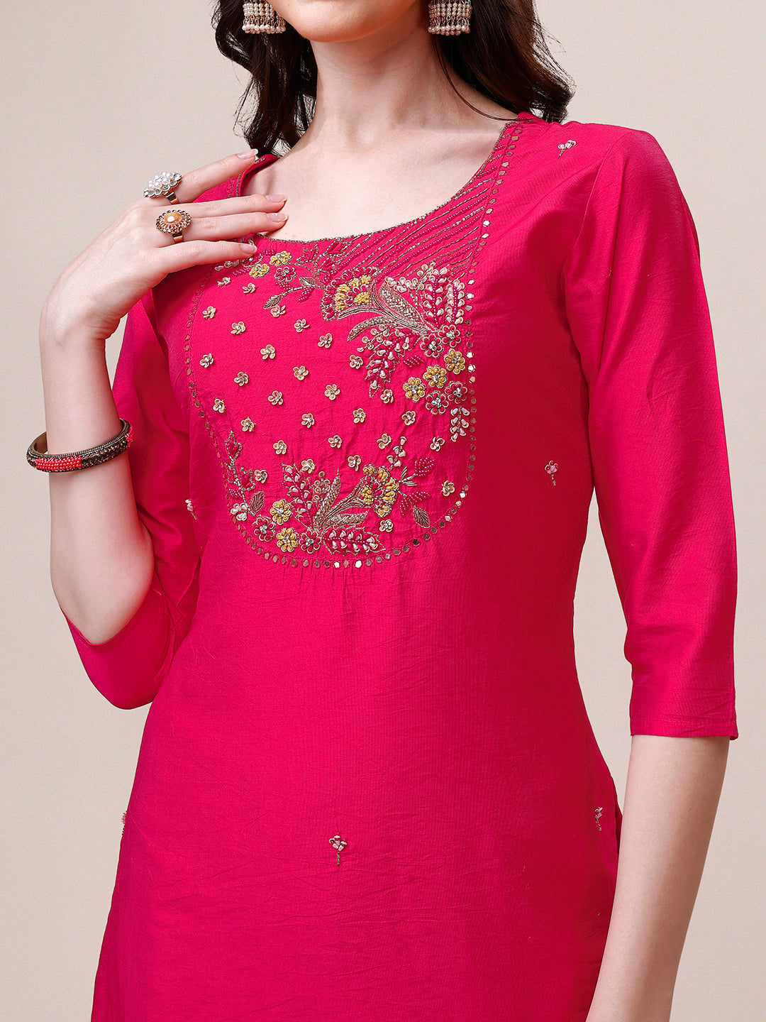 Pink Chanderi Embroidered Kurta With Pant & Dupatta Set., Multicolor - Hiral Fashion - Distacart