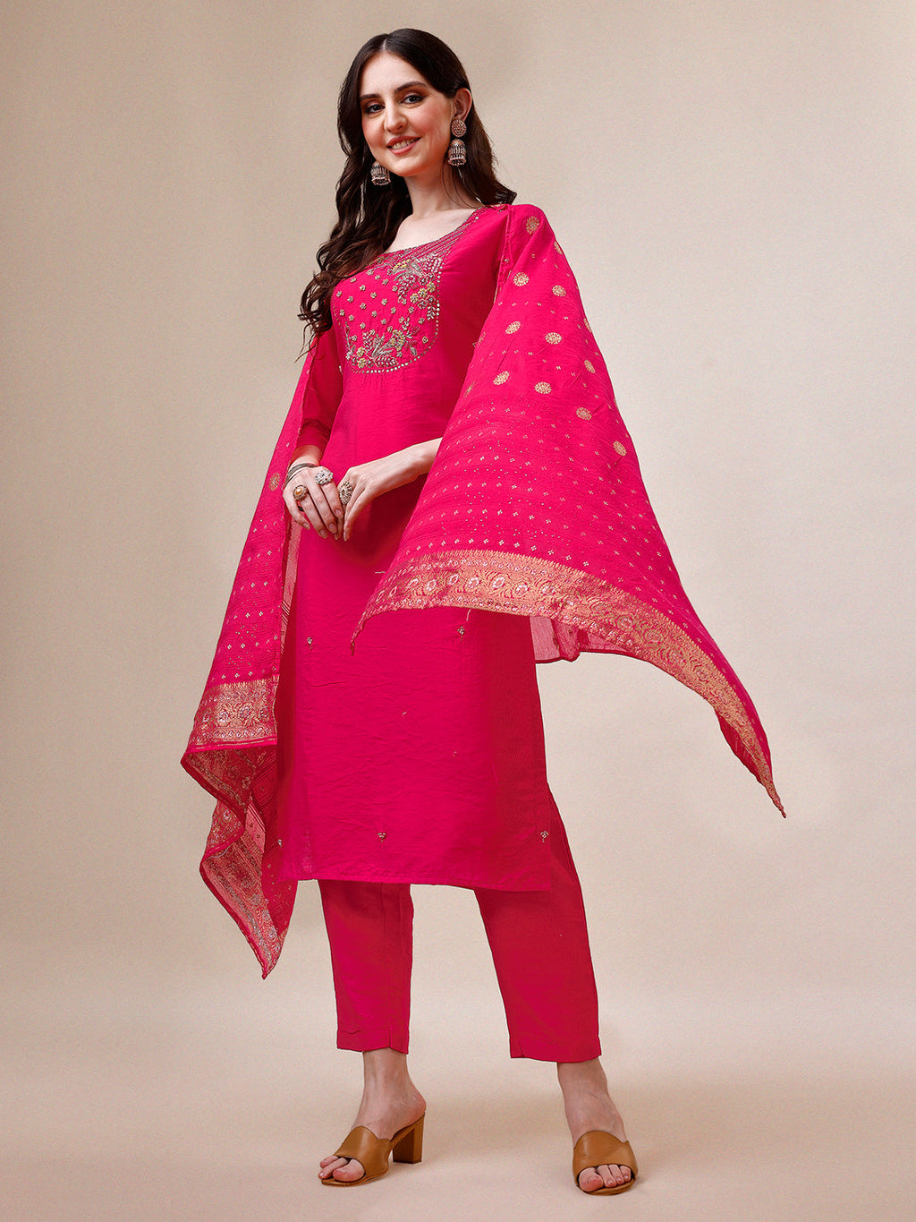 Pink Chanderi Embroidered Kurta With Pant & Dupatta Set., Multicolor - Hiral Fashion - Distacart