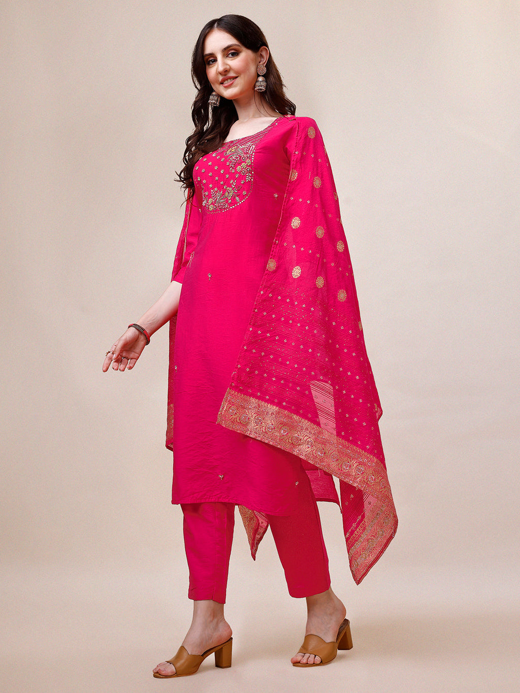 Pink Chanderi Embroidered Kurta With Pant & Dupatta Set., Multicolor - Hiral Fashion - Distacart