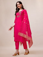 Pink Chanderi Embroidered Kurta With Pant & Dupatta Set., Multicolor - Hiral Fashion - Distacart