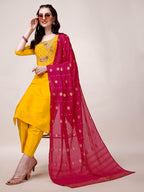 Yellow Chanderi Hand Embroidered Kurta With Pant & Dupatta Set., Multicolor - Hiral Fashion - Distacart