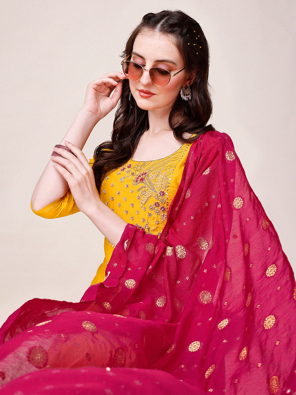 Yellow Chanderi Hand Embroidered Kurta With Pant & Dupatta Set., Multicolor - Hiral Fashion - Distacart