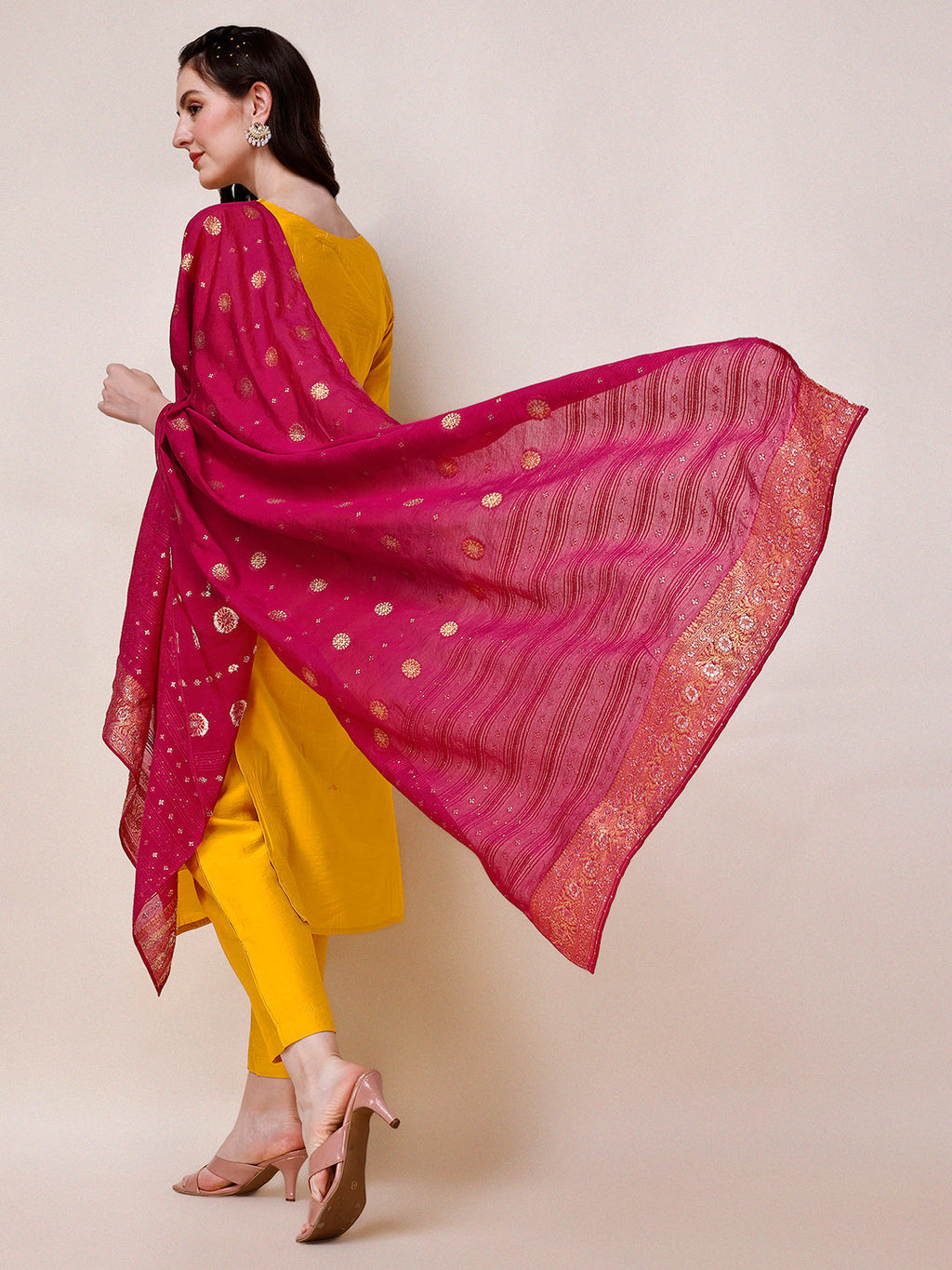 Yellow Chanderi Hand Embroidered Kurta With Pant & Dupatta Set., Multicolor - Hiral Fashion - Distacart