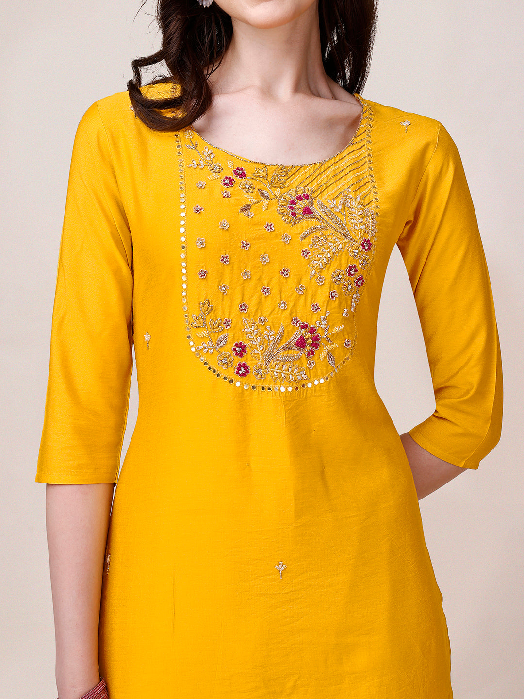 Yellow Chanderi Hand Embroidered Kurta With Pant & Dupatta Set., Multicolor - Hiral Fashion - Distacart