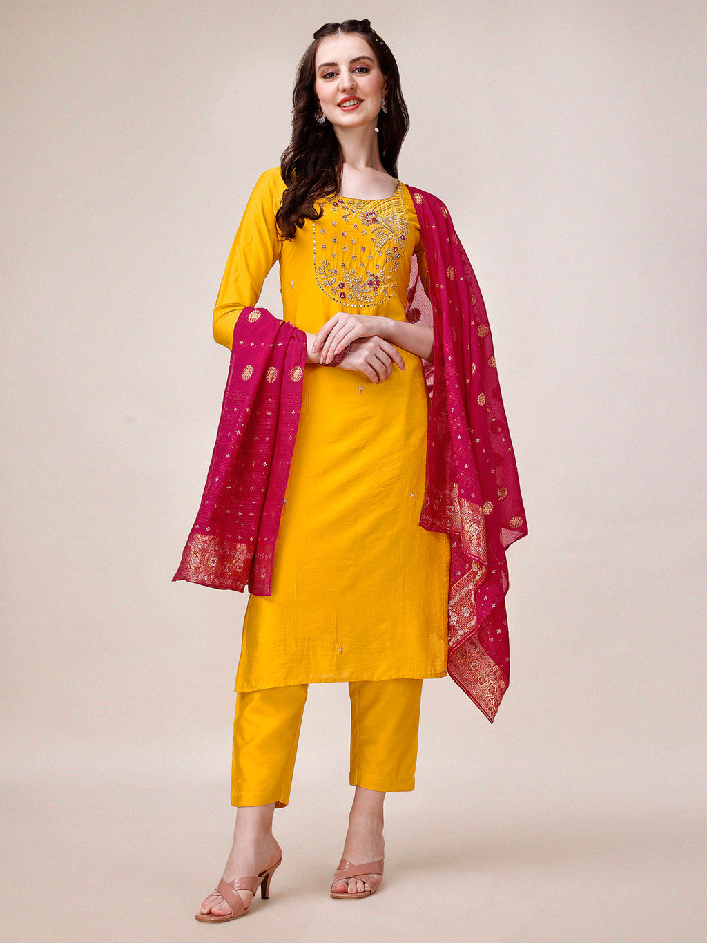 Yellow Chanderi Hand Embroidered Kurta With Pant & Dupatta Set., Multicolor - Hiral Fashion - Distacart