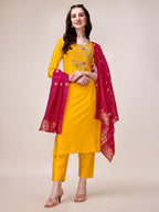Yellow Chanderi Hand Embroidered Kurta With Pant & Dupatta Set., Multicolor - Hiral Fashion - Distacart