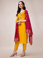 Yellow Chanderi Hand Embroidered Kurta With Pant & Dupatta Set., Multicolor - Hiral Fashion - Distacart