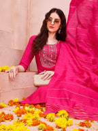 Embroidered Kurta With Pant And Dupatta Set, Multicolor - Hiral Fashion - Distacart