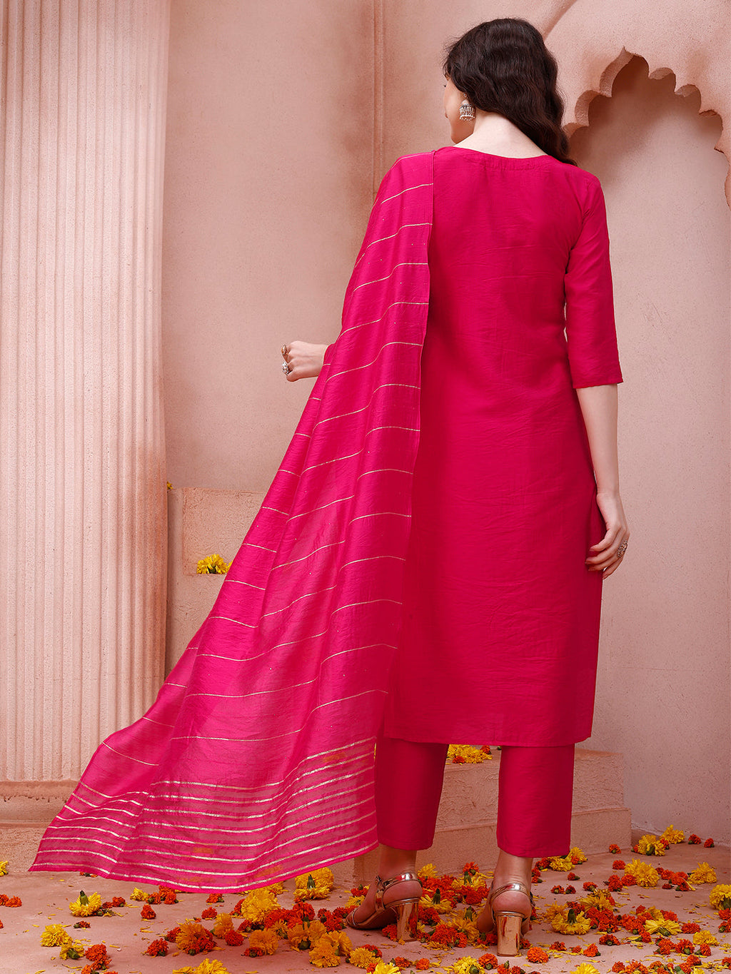 Embroidered Kurta With Pant And Dupatta Set, Multicolor - Hiral Fashion - Distacart